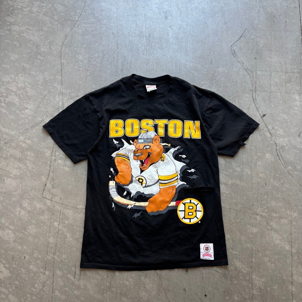 Vintage 90's Boston Bruins Nutmeg Smash Through Mascot Shirt Dry Rot *READ*